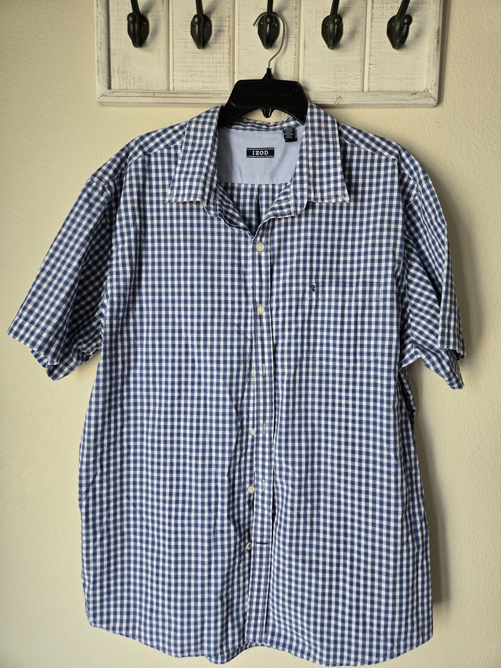Izod Blue and White Gingham Short Sleeve Button-Down Shirt